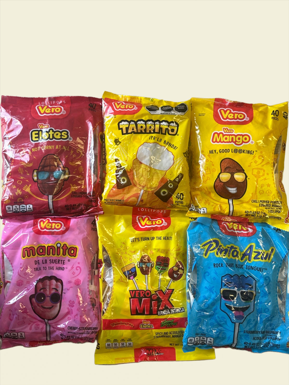 VERO LOLIPOPS MANITA, ELOTE, AZUL, MANGO, MIX, TARRITO