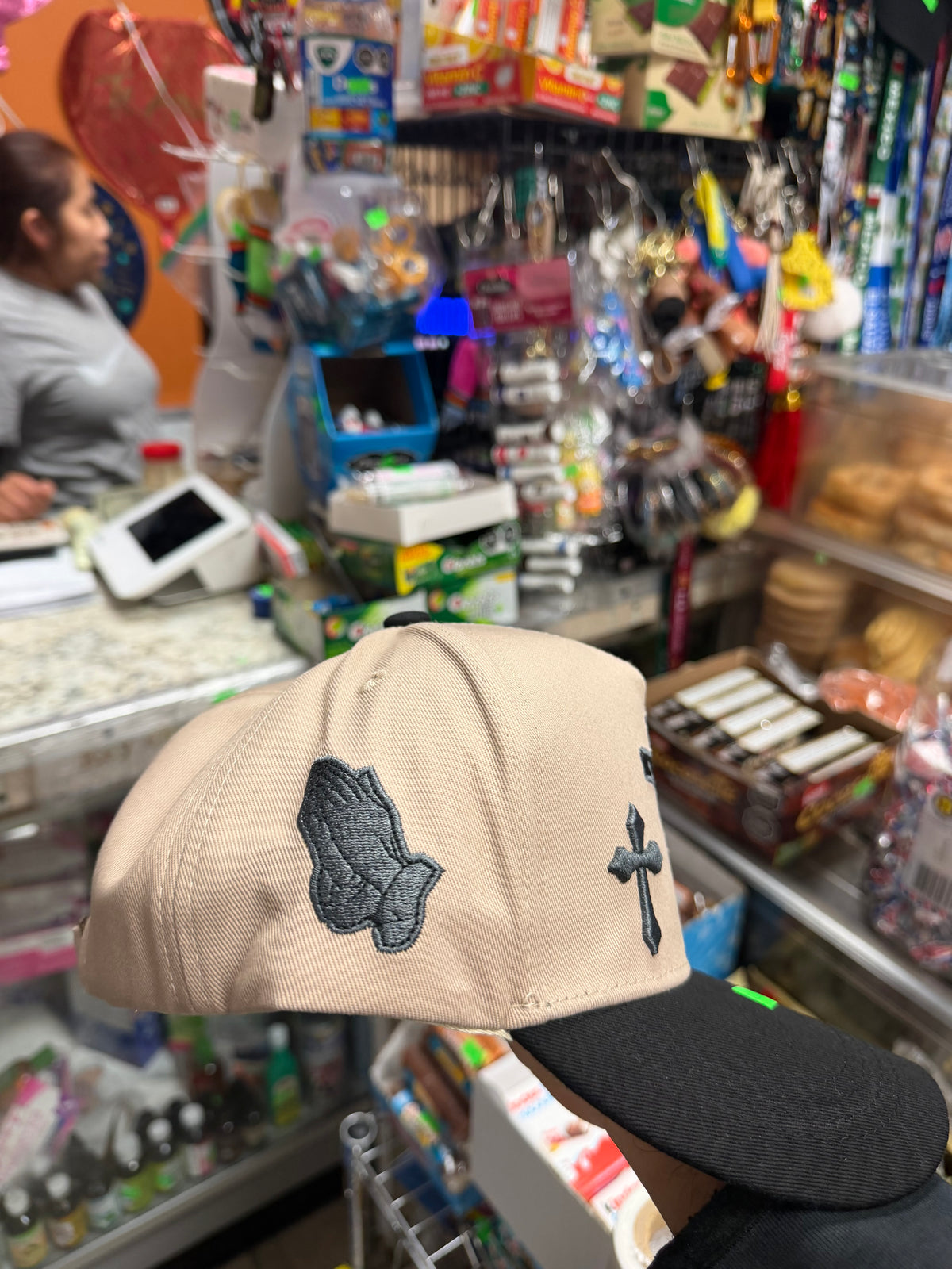 Jesus Cross Embroidered Hat – Crucifix Trucker Cap (Beige & Black)