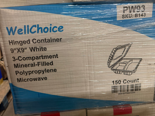 WellChoice 9” x 9” Hinged Containers – White, 3-Compartment, 150 Count