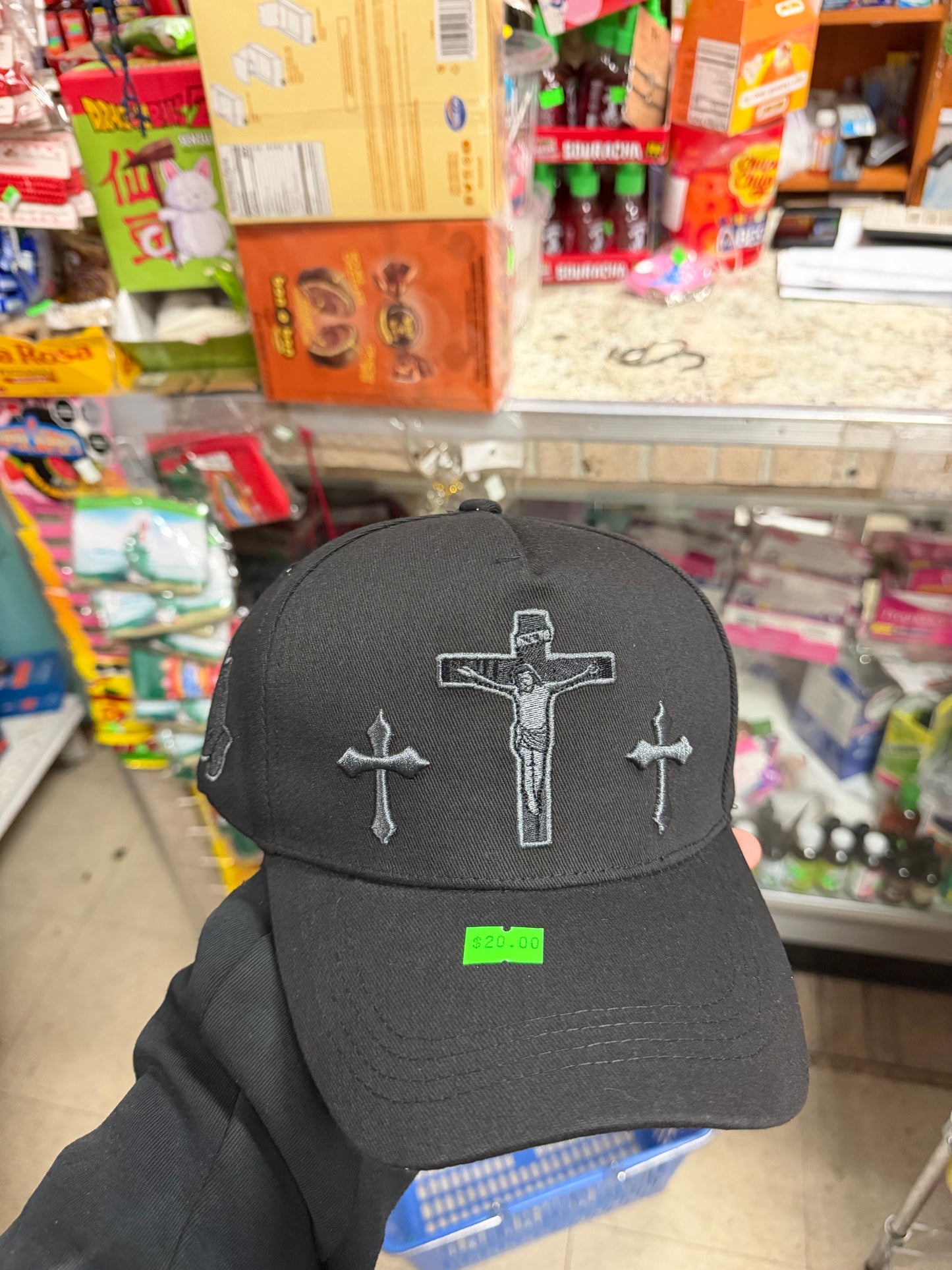 Jesus Cross Embroidered Hat – Crucifix Trucker Cap (Beige & Black)