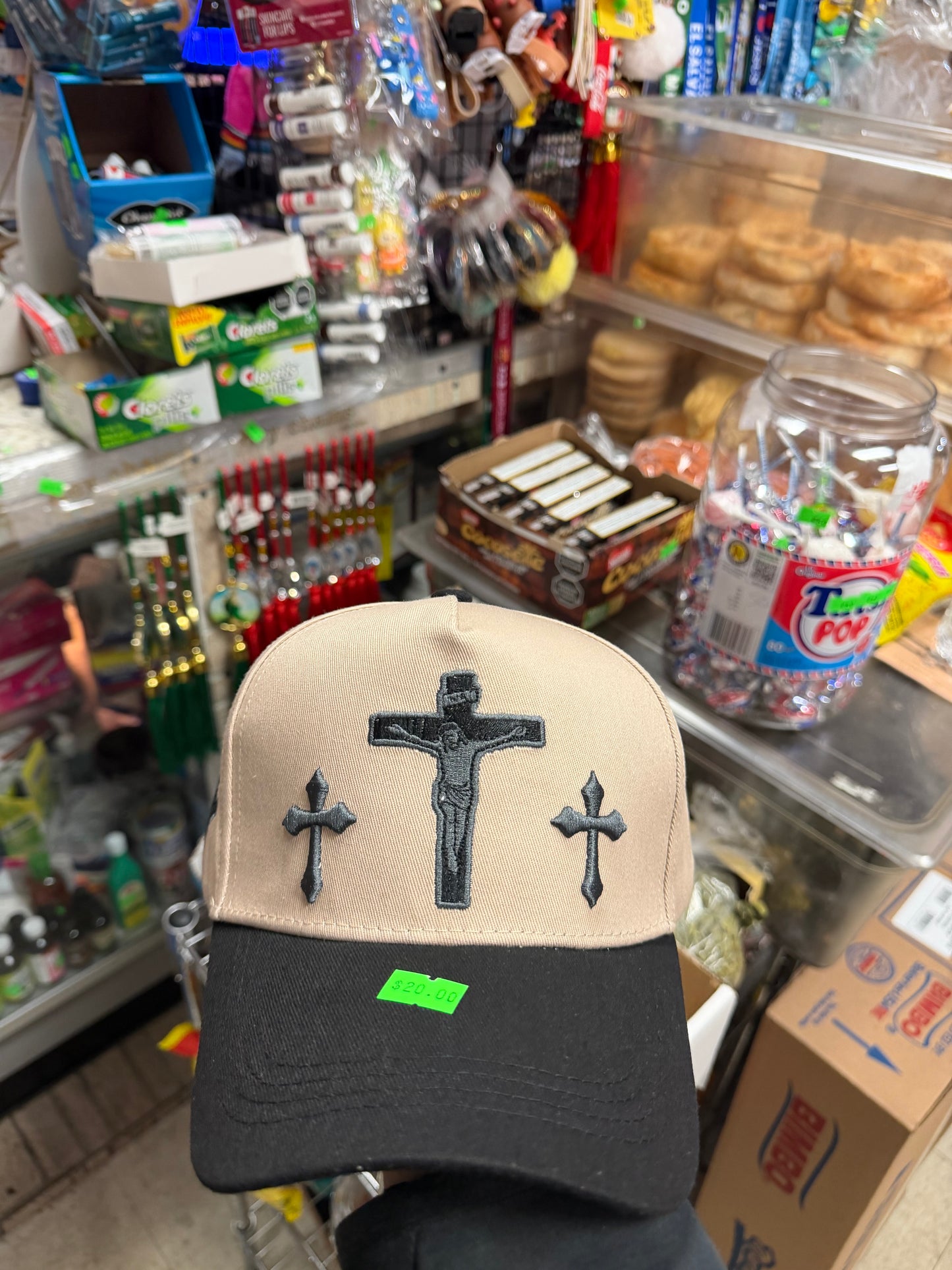 Jesus Cross Embroidered Hat – Crucifix Trucker Cap (Beige & Black)