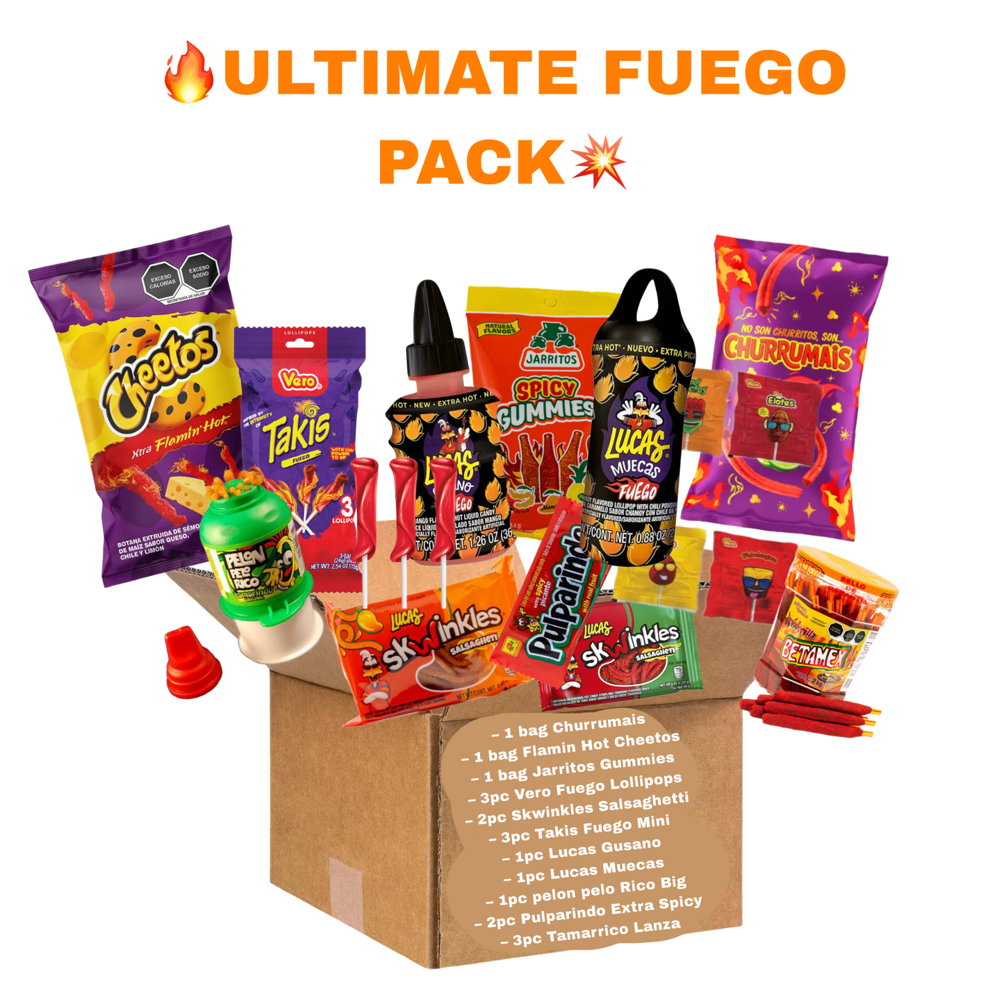 Ultimate Fuego Mexican Candy Box | Pelon Pelo Rico, Takis Fuego Lollipops, Lucas & Skwinkles Bundle