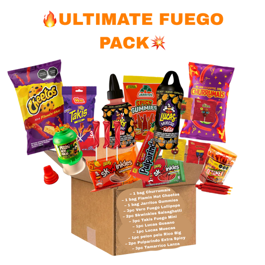 Ultimate Fuego Mexican Candy Box | Pelon Pelo Rico, Takis Fuego Lollipops, Lucas & Skwinkles Bundle