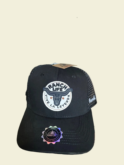Black cap with 'Ranch Life' logo on a bottle in a warehouse setting